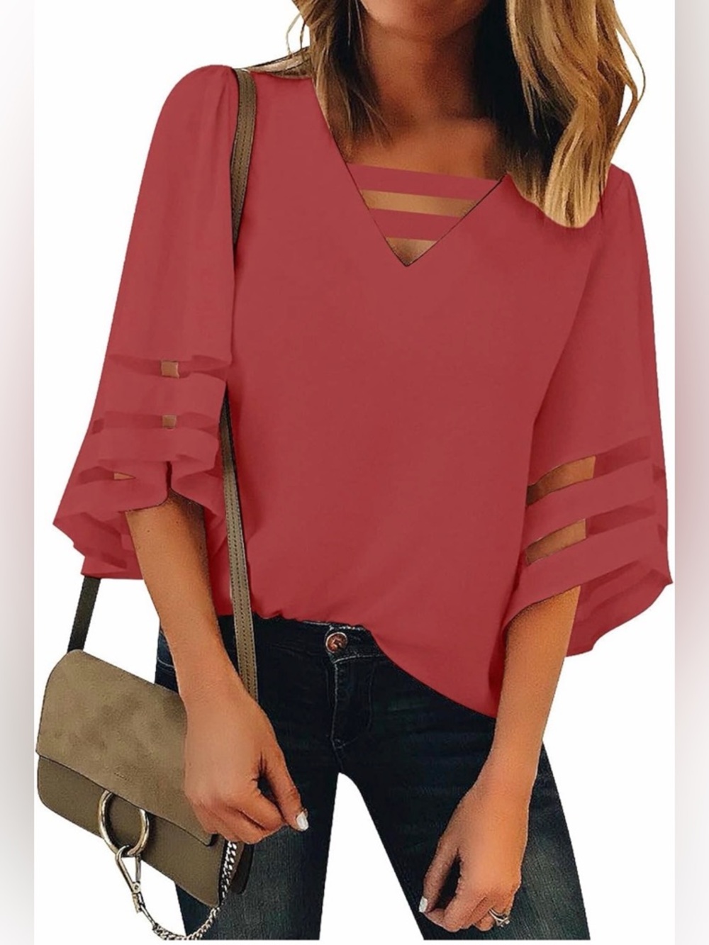 A312 luvamia Women's Strappy V-Neck 3/4 Bell Sleeve Mesh Cranberry Blouse NEW